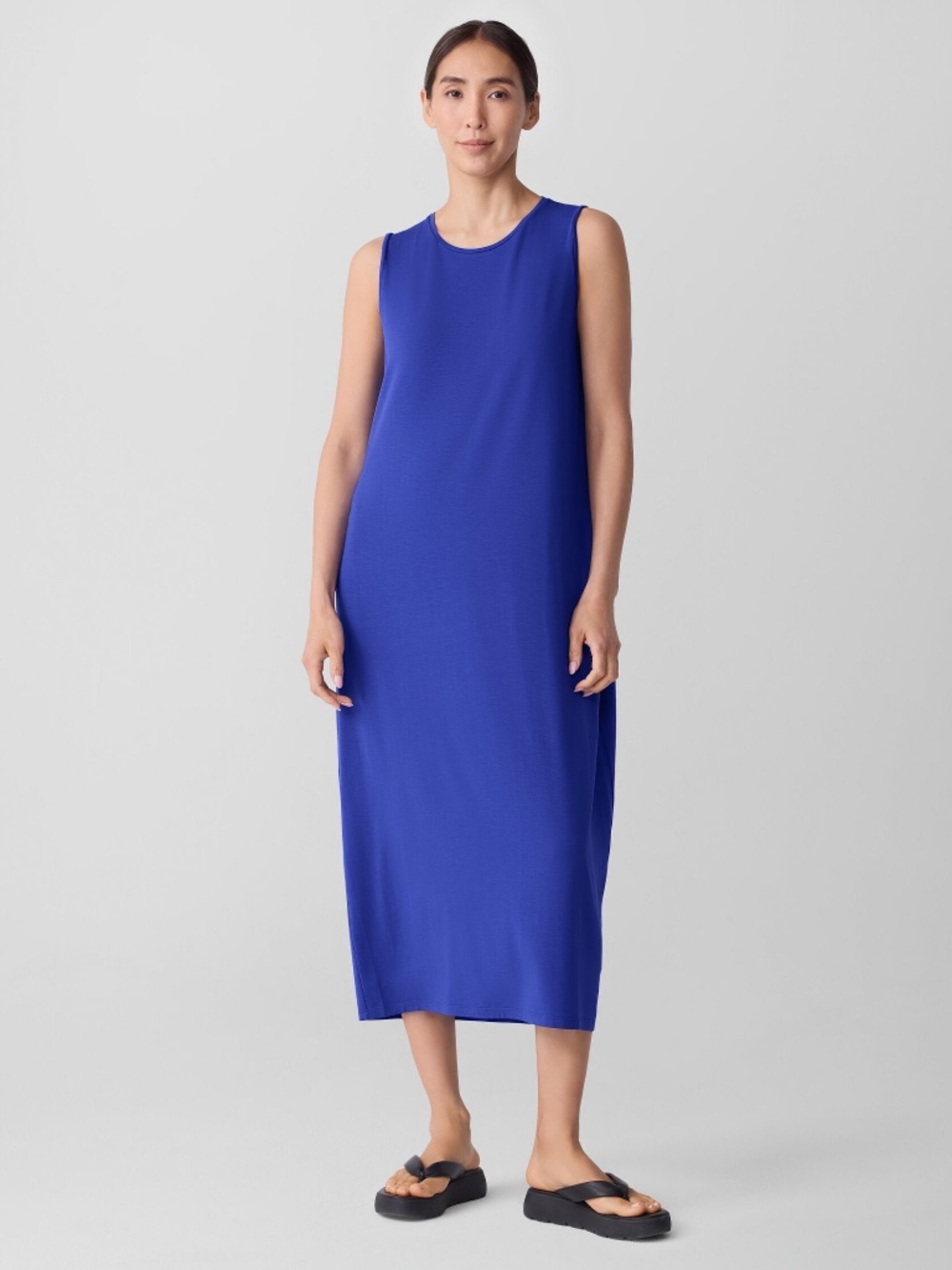 Eileen Fisher Stretch Jersey Knit Column Maxi Dress Sz S Blue Sleeveless Tank